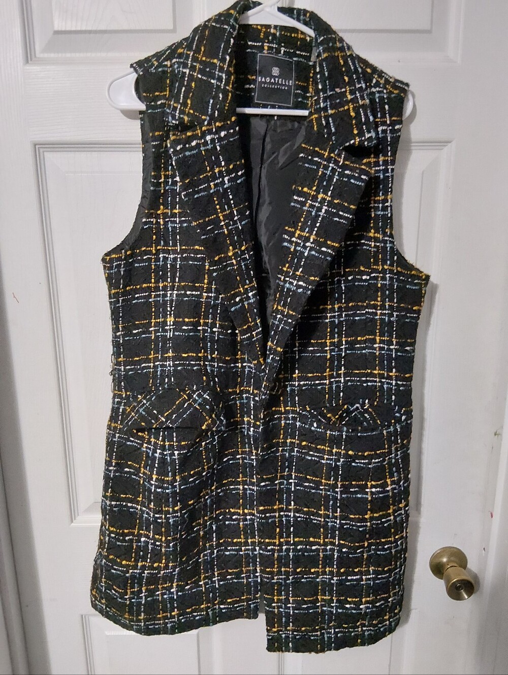 bagatelle Black Plaid Sleeveless Tweed Vest with Yellow & White Accents